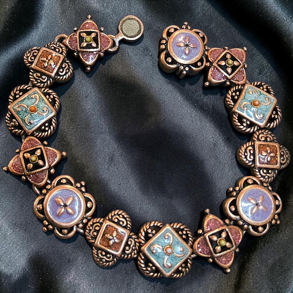 Vintage Artisan Copper Tone Enamel Link Bracelet Teal Lavender Rose Magnet Clasp
